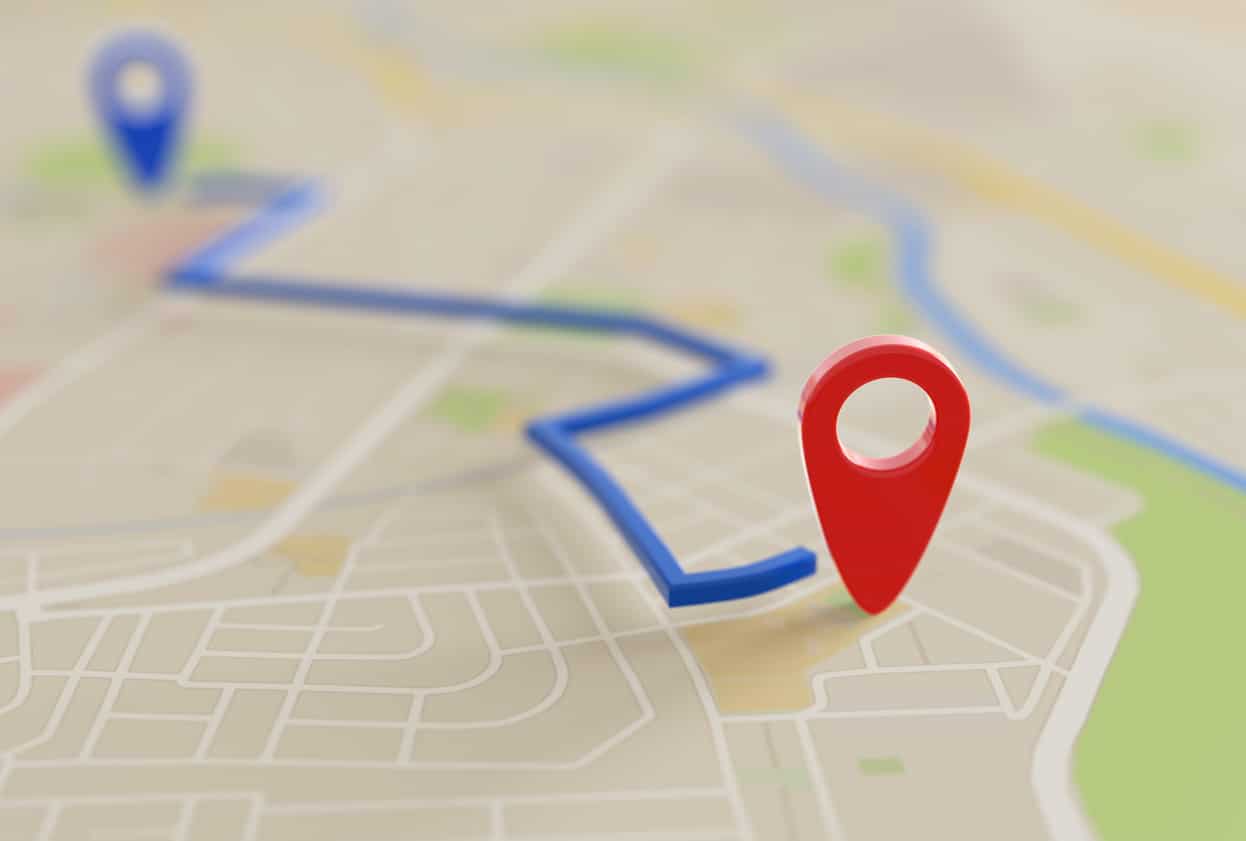 City map with pin pointers to mark the start and end to a destination