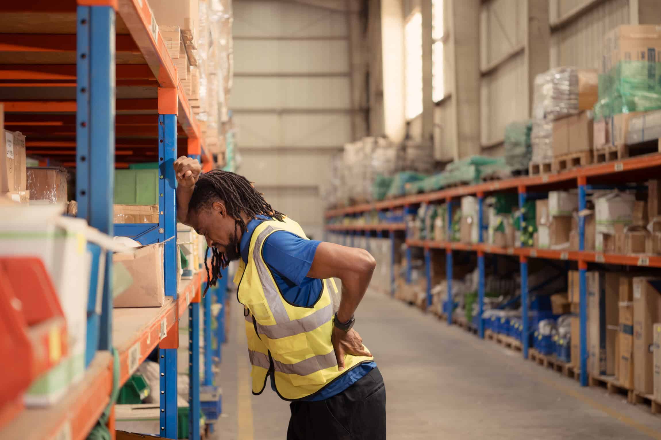 Warehouse worker and back pain after having to carry move product boxes to be stored on shelves in a large warehouse.